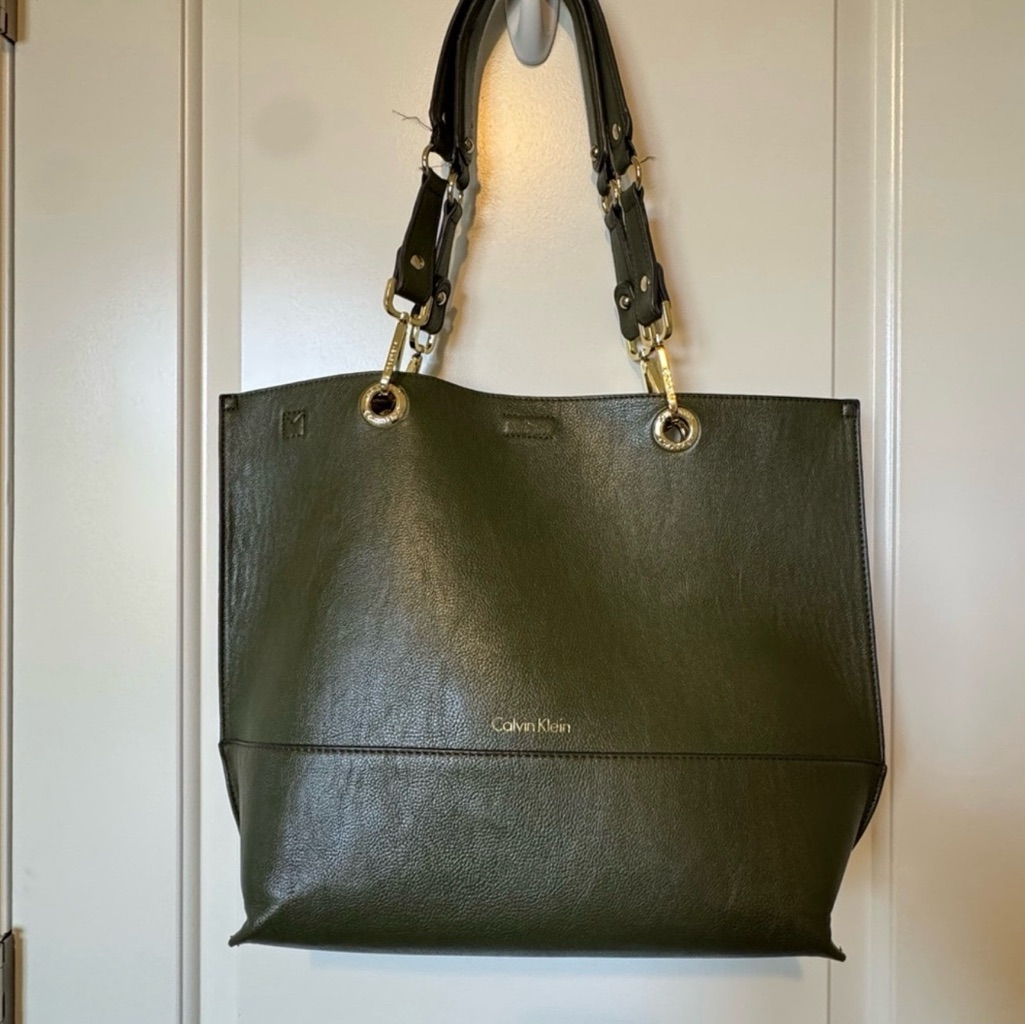 Calvin Klein Dark Olive Green Leather Tote With Gold Hardware